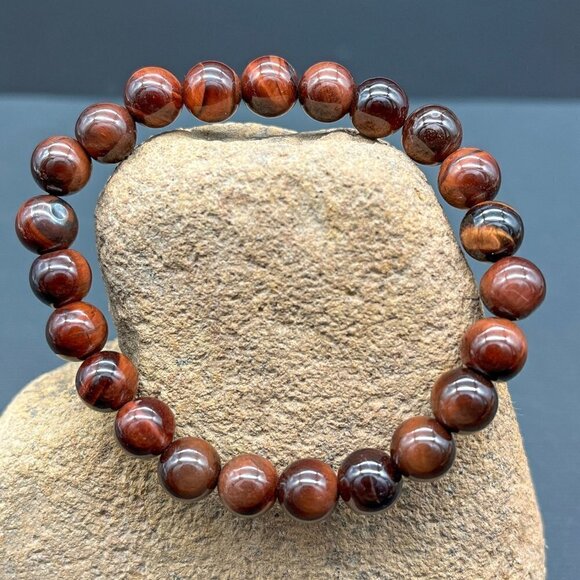 Red Tigers Eye Gemstone Stretch Bracelet Handmade - Picture 3 of 7